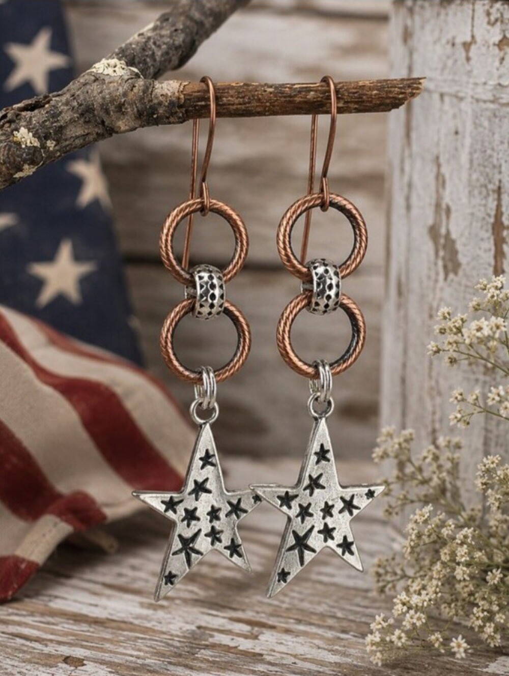 Star Earrings Silver Copper Rustic Americana Artisan Hand Crafted